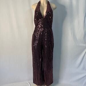 Sequin Halter Jumpsuit Womens M Stretch Wide Leg Burgundy Glam Evening Party